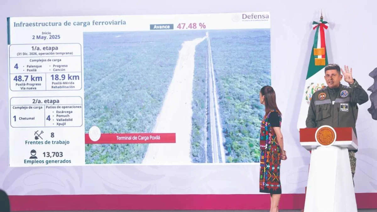 Sureste. El general Gustavo Ricardo Vallejo Suárez, del Agrupamiento de Ingenieros “Felipe Ángeles”, informó que el Tren Maya de Carga presenta un avance cercano al 50%.