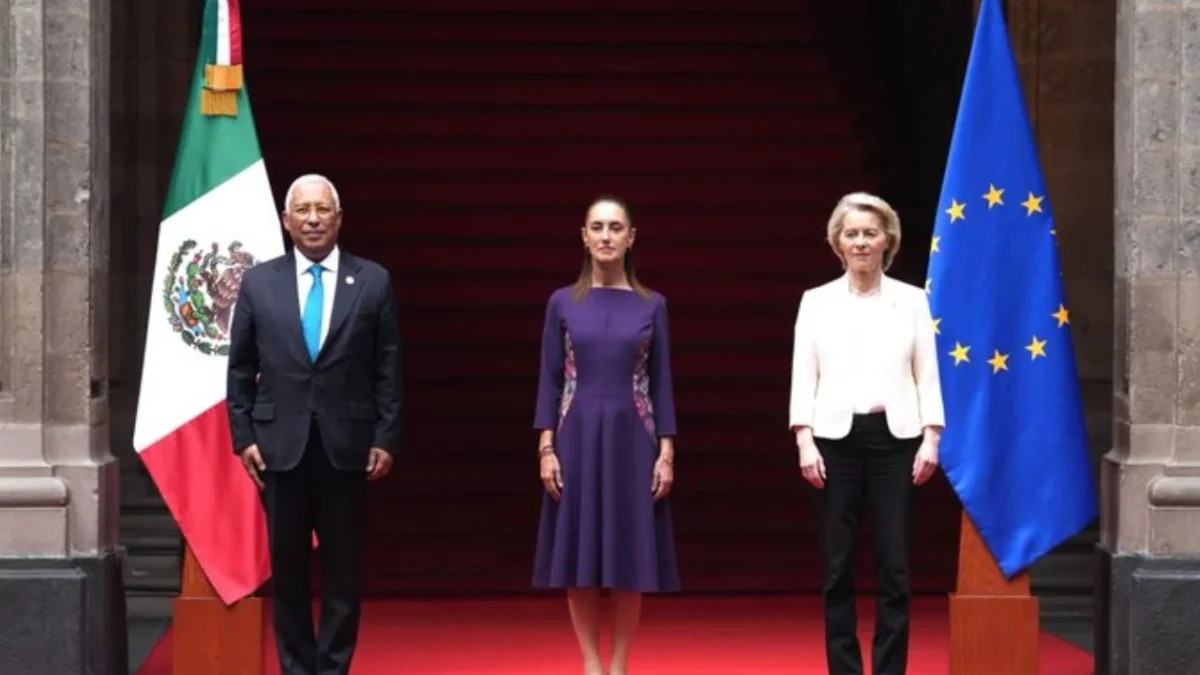 Sheinbaum dio la bienvenida a Ursula von der Leyen y António Costa durante la firma del Acuerdo Global Modernizado entre México y la Unión Europea.