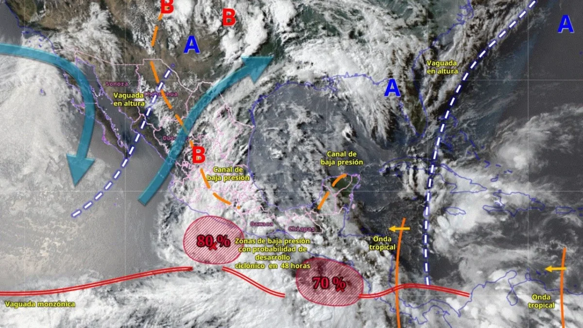 Servicio Meteorológico indicó que la formación ciclónica se localiza a 265 kilómetros al sur-suroeste de Acapulco, Guerrero, hacia el noreste.