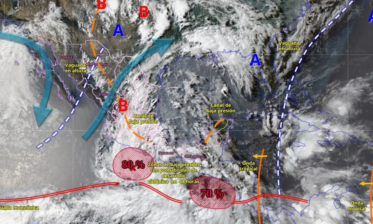 Servicio Meteorológico indicó que la formación ciclónica se localiza a 265 kilómetros al sur-suroeste de Acapulco, Guerrero, hacia el noreste.