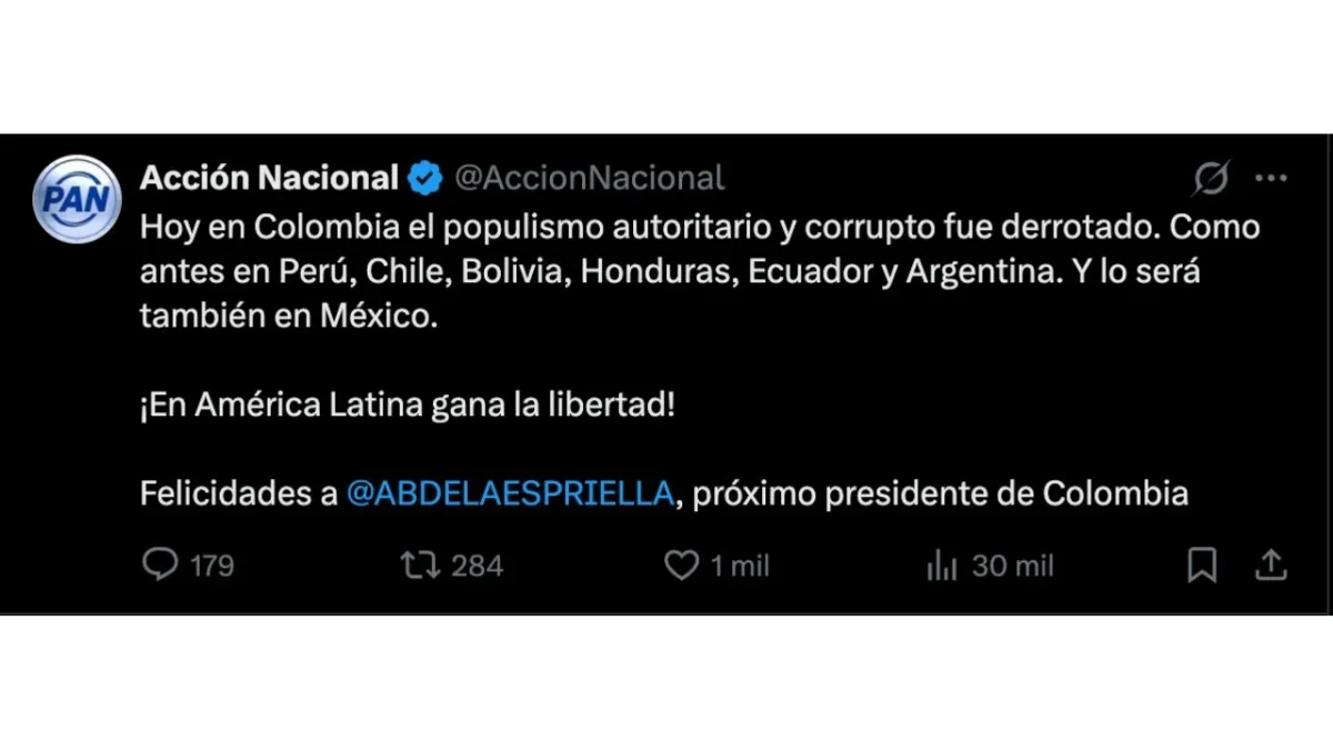PAN celebró vía X el resultado de las elecciones en Colombia, expresó respaldo al virtual presidente electo Abelardo Gabriel de la Espriella.