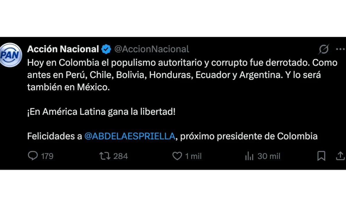 PAN celebró vía X el resultado de las elecciones en Colombia, expresó respaldo al virtual presidente electo Abelardo Gabriel de la Espriella.