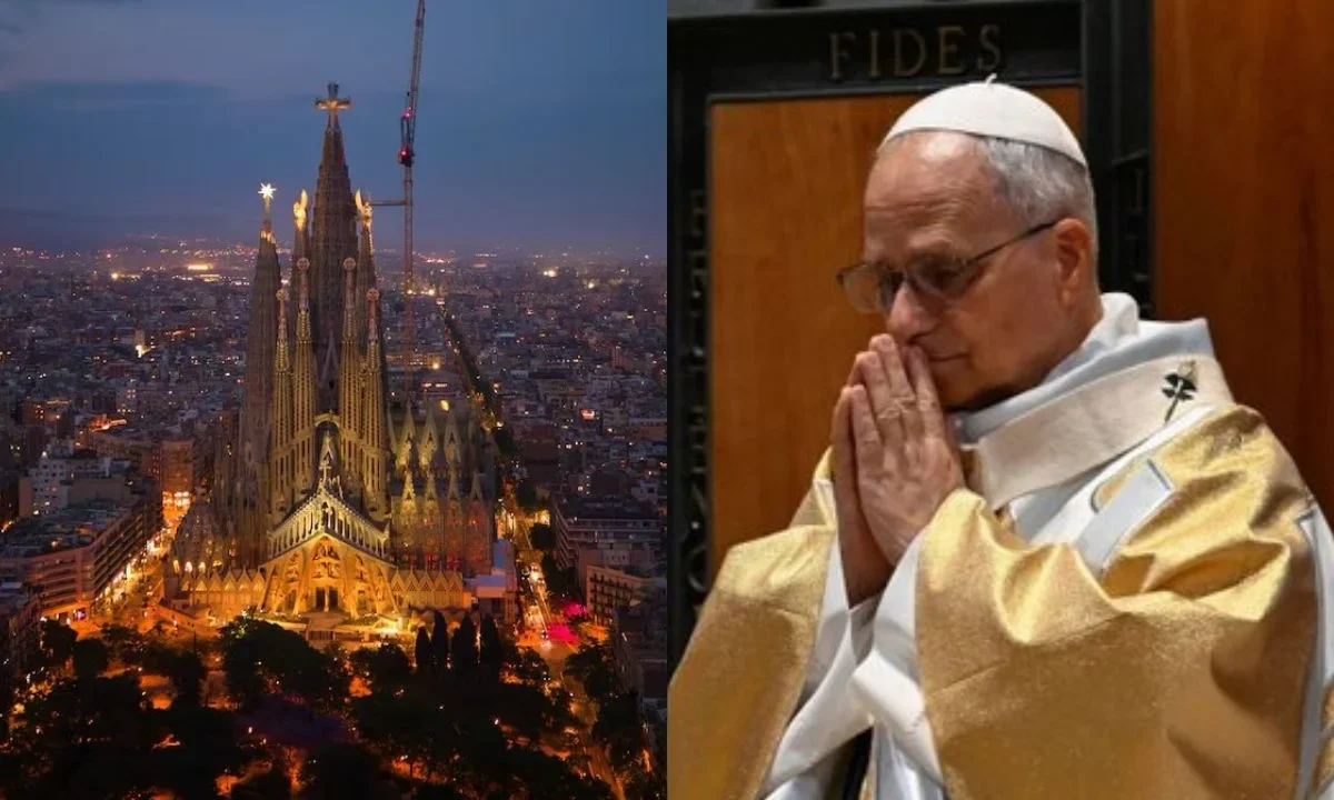 El papa León XIV bendijo la torre más alta de la famosa basílica de la Sagrada Familia de Barcelona, en una breve ceremonia en la explanada.