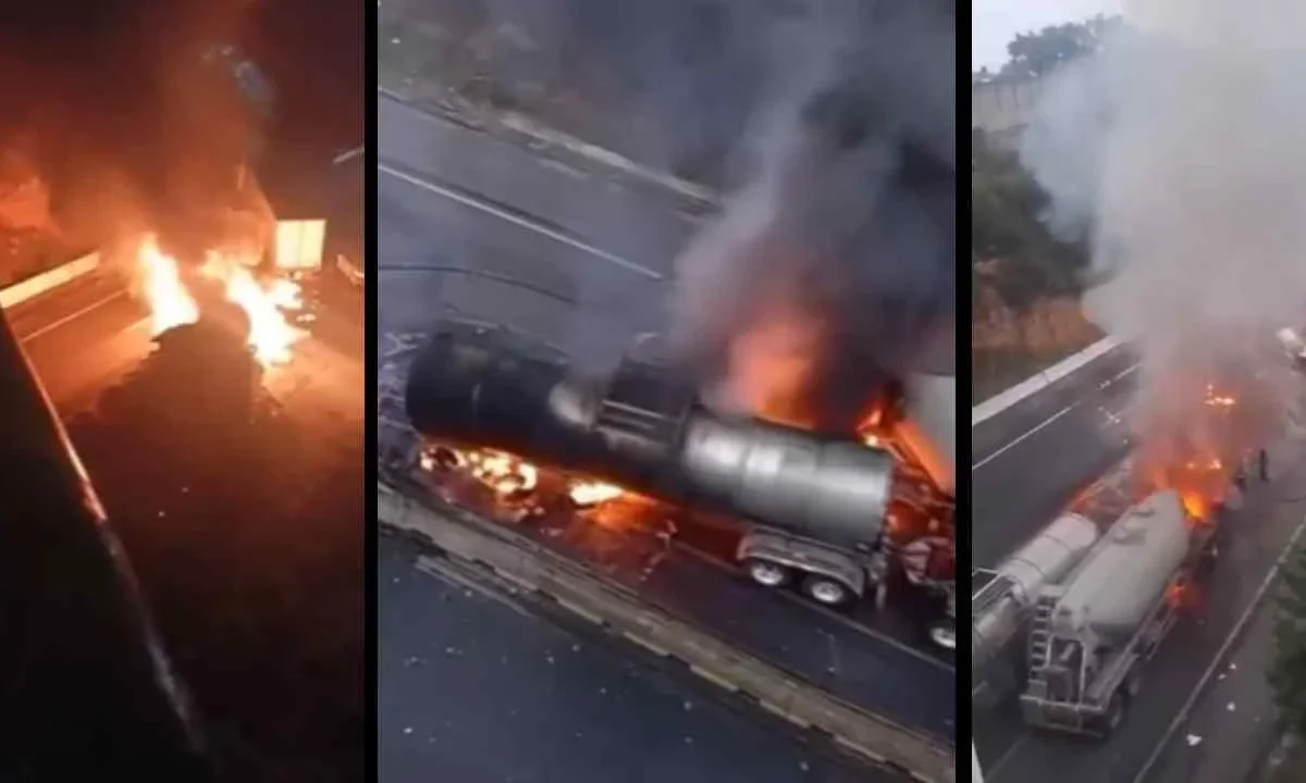 Se incendian dos pipas tras choque múltiple en la autopista Chamapa-Lechería.
