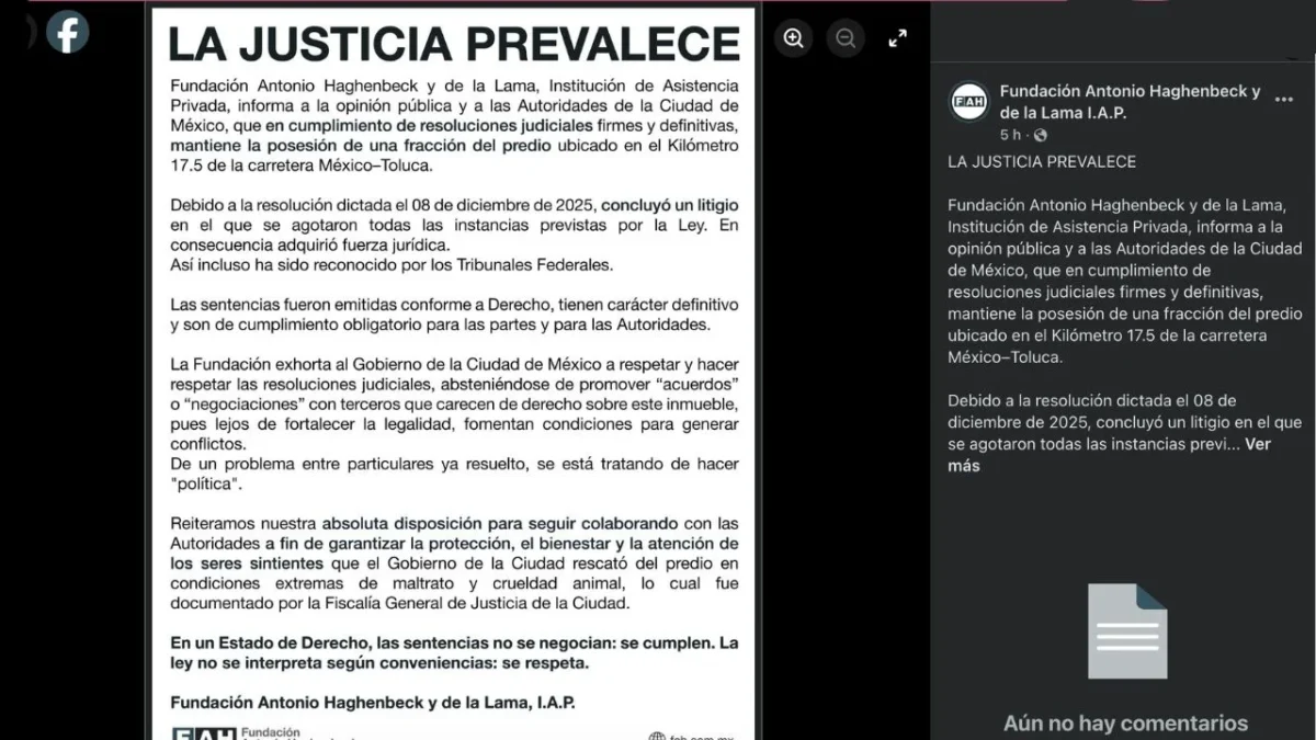 Fundación Antonio Haghenbeck y de la Lama aseguró tener posesión legal de una parte del predio que pertenece al Refugio Franciscano.