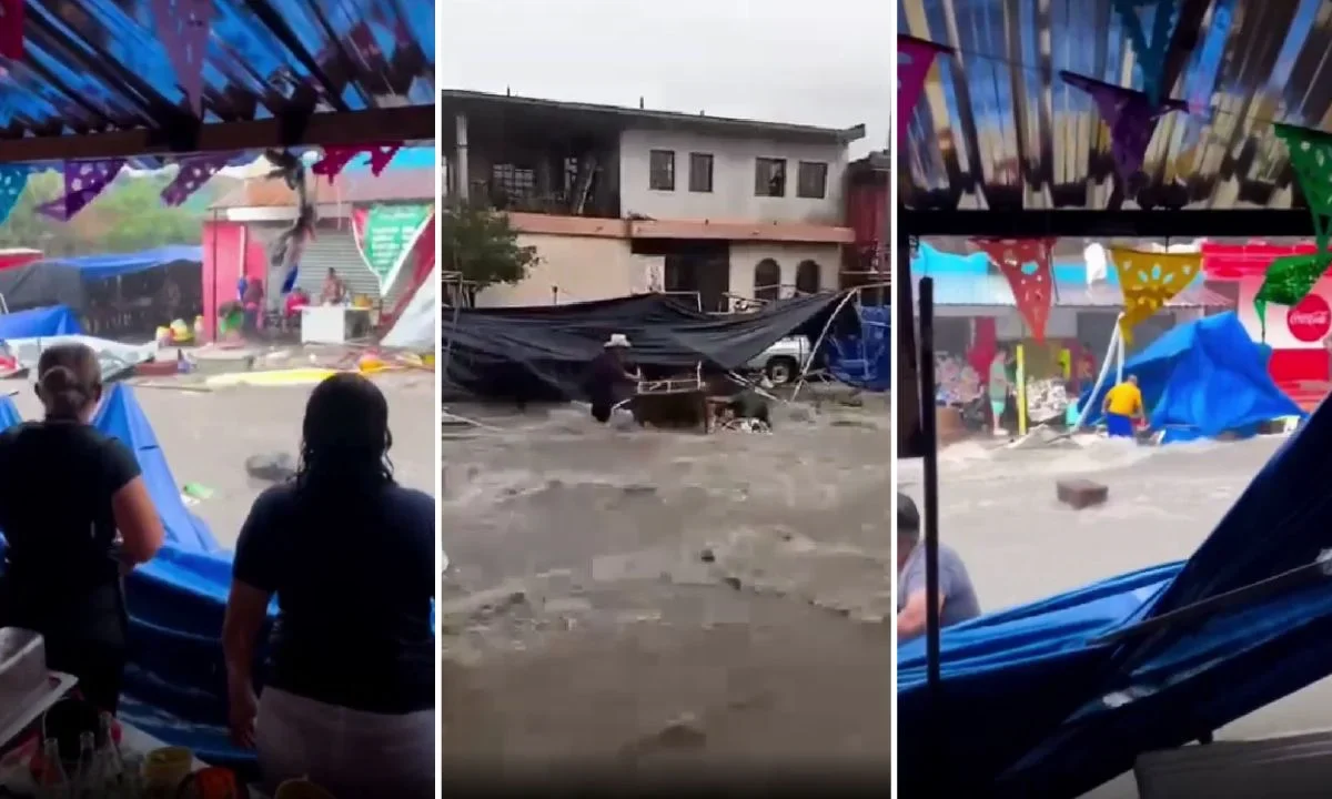 Debido a las intensas lluvias en Nuevo León, la corriente arrastró al menos 10 puestos de un mercado rodante en Santa Catarina.