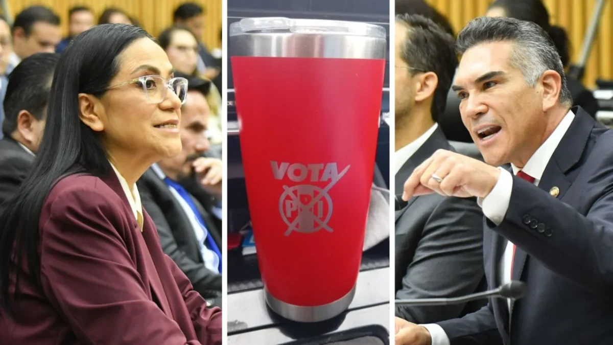 Un termo rojo con el logotipo del PRI tachado y la leyenda 'vota', ofreció Alito Moreno a Ariadna Montiel y la morenista lo rechaza.