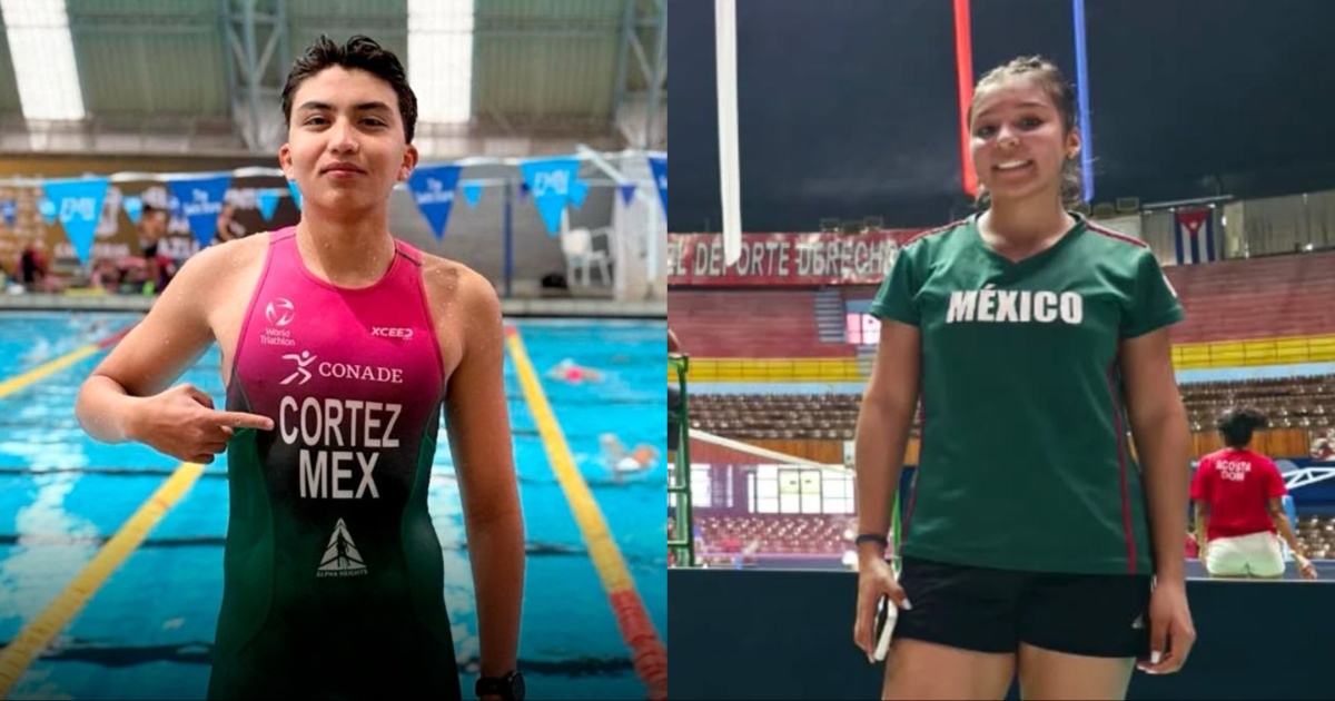 Composición fotográfica de dos imágenes divididas verticalmente (fotomontaje) que muestra a dos jóvenes atletas mexicanos clasificados a los Juegos Olímpicos de la Juventud Dakar 2026. A la izquierda, el triatleta Alessandro Cortez posa junto a una alberca olímpica vistiendo el trisuite oficial de la Selección Mexicana en tonos rosa y verde con su apellido "CORTEZ MEX" y el logotipo de CONADE. A la derecha, la atleta Sara Delgado posa en un pabellón deportivo portando una playera verde con la palabra "MÉXICO" en el pecho y shorts negros
