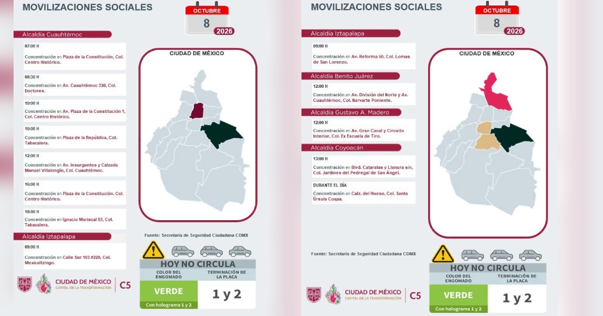 Descripción visual de la imagenInfografía oficial doble emitida por el Centro de Comando, Control, Cómputo, Comunicaciones y Contacto Ciudadano (C5) y la Secretaría de Seguridad Ciudadana (SSC) de la Ciudad de México sobre las «Movilizaciones Sociales» previstas para el 8 de octubre de 2026. A la izquierda se detallan las concentraciones en las alcaldías Cuauhtémoc (con múltiples puntos en el Centro Histórico, Col. Doctores, Tabacalera y Col. Cuauhtémoc) e Iztapalapa. A la derecha se muestran las movilizaciones en Iztapalapa, Benito Juárez, Gustavo A. Madero y Coyoacán, acompañadas de mapas de la capital con las demarcaciones resaltadas. En la parte inferior de ambas láminas se incluye la alerta del programa «Hoy No Circula» para autos con engomado verde y terminación de placas 1 y 2.