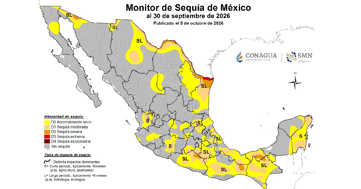Mapa del monitor de sequía en México con el sur del país iluminado en amarillo