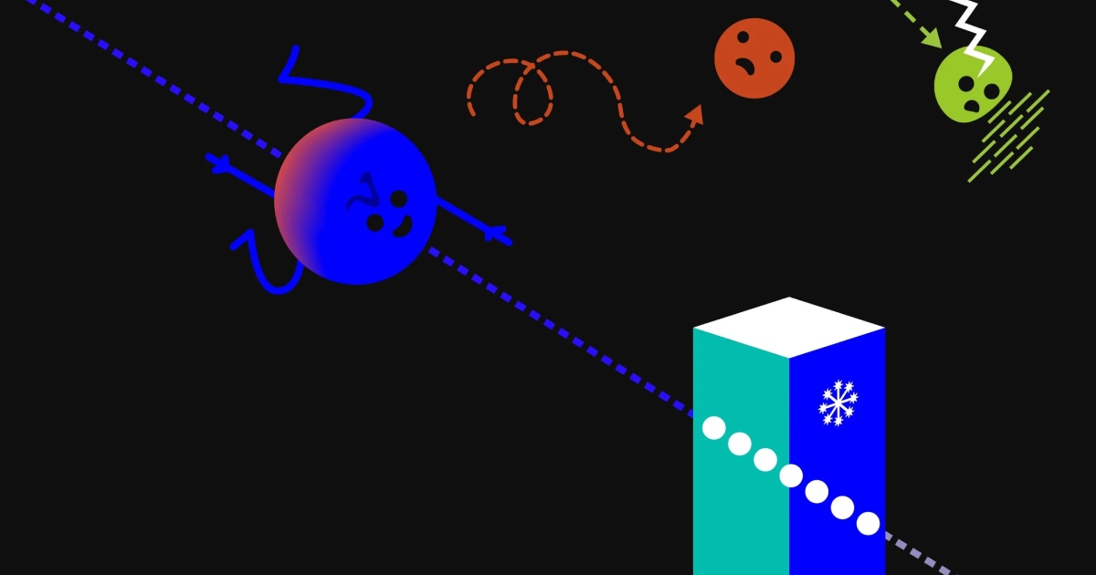 Ilustración gráfica y conceptual con fondo negro distribuida por la Real Academia de las Ciencias de Suecia para explicar de forma divulgativa el principio de detección del Premio Nobel de Física 2026. Muestra de manera esquemática la trayectoria de un neutrino atravesando un bloque de hielo en el Polo Sur (que representa al observatorio IceCube). A la izquierda, una partícula azul sonriente se desplaza siguiendo una línea discontinua en diagonal hacia un bloque cúbico/columna azul que representa el hielo con el símbolo de un copo de nieve, el cual emite destellos esféricos blancos al ser atravesado. En la parte superior, aparecen representaciones de otras interacciones de partículas con expresiones divertidas en colores verde y naranja sobre el espacio oscuro.