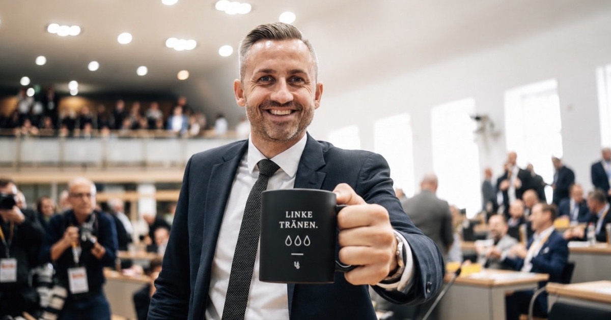 olítico alemán de ultraderecha Ulrich Siegmund (integrante de Alternativa para Alemania, AfD) sonriendo ampliamente hacia la cámara en el interior de una sede parlamentaria o de congreso. Viste traje azul marino, camisa blanca y cravat/corbata tejida oscura, mientras sostiene y extiende frontalmente una taza negra con el texto impreso en alemán «LINKE TRÄNEN.» (Lágrimas de la izquierda) acompañado del dibujo de gotas de agua y el logotipo de AfD. De fondo, desenfocado, se aprecia a otros legisladores, asistentes y fotógrafos dentro del recinto político.