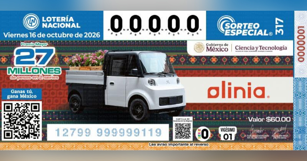 Vista frontal del billete conmemorativo del Sorteo Especial No. 317 de la Lotería Nacional de México, programado para el viernes 16 de octubre de 2026. Al centro de la imagen destaca un vehículo utilitario eléctrico compacto de color blanco con caja de carga gris —el modelo autóctono «Olinia»— transportando cajas con flores.