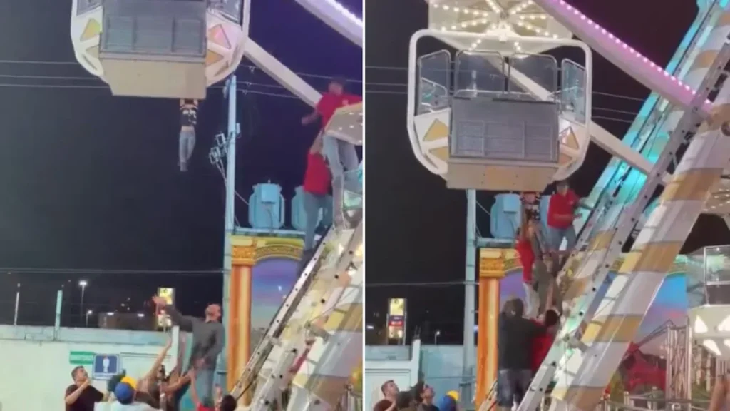 Niño queda colgado de la rueda de la fortuna en Feria de Torreón, lo rescatan