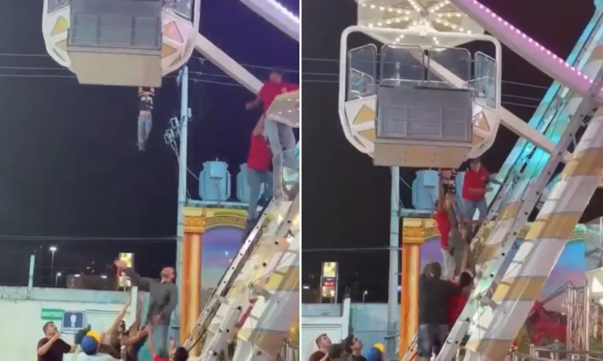 Un niño quedó colgado de la canastilla de la rueda de la fortuna en la Feria de Torreón, elementos de seguridad lograron rescatarlo.