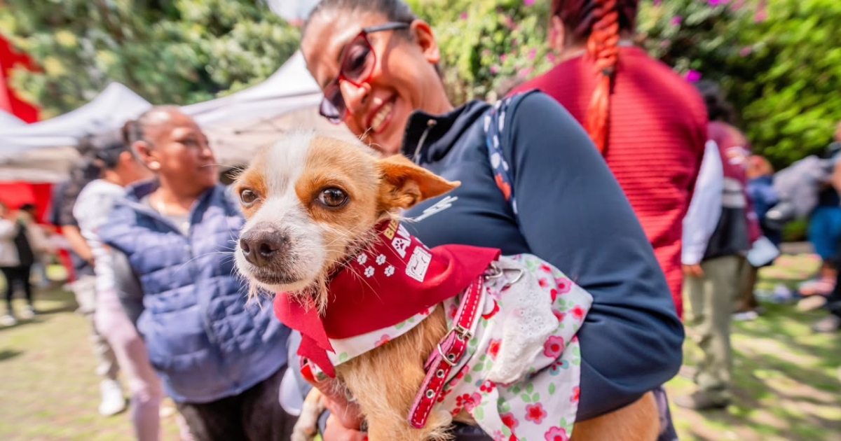 Primer plano de una mujer sonriente con lentes sosteniendo en brazos a su pequeña perrita mestiza tipo chihuahua durante un evento al aire libre. La perrita viste un pañuelo rojo con el estampado de Bienestar Animal y un vestido con motivos florales.
